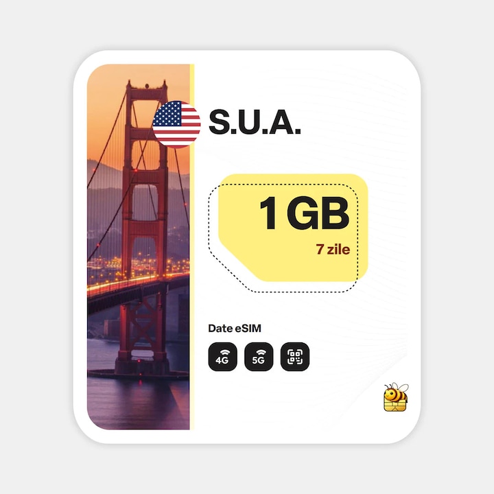 Cartela eSIM Internet, beeSIM, S.U.A., 1GB, 7 zile