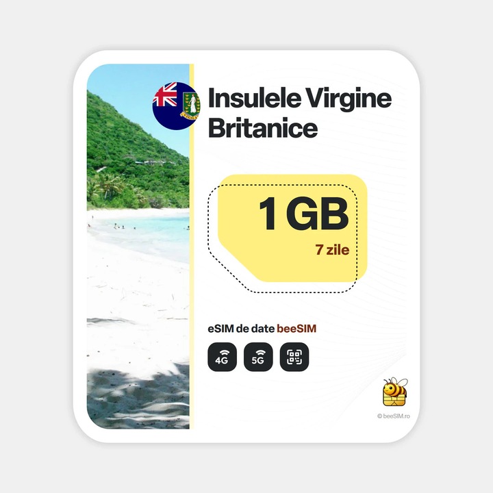 Cartela eSIM Internet, beeSIM, Insulele Virgine Britanice, 1GB, 7 zile