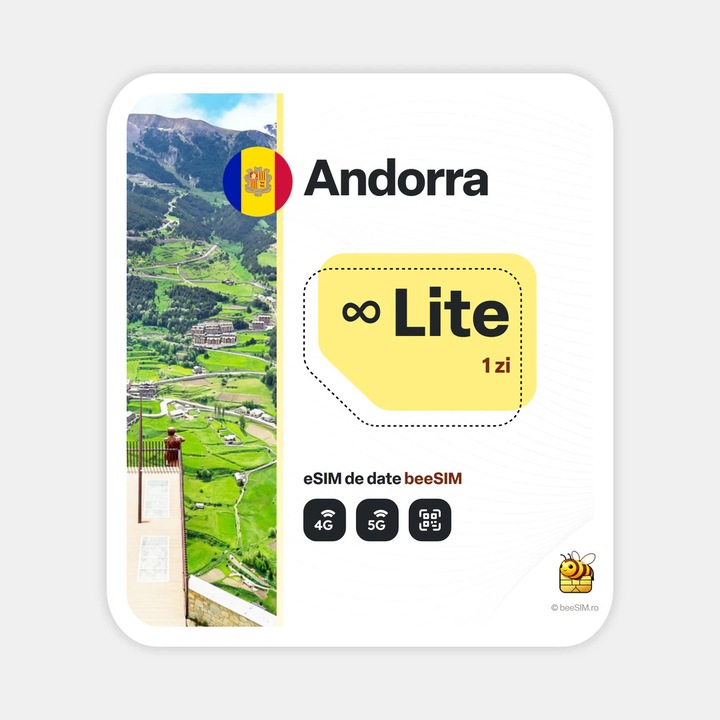 Cartela eSIM Internet, beeSIM, Andorra, Nelimitat, 1 zi