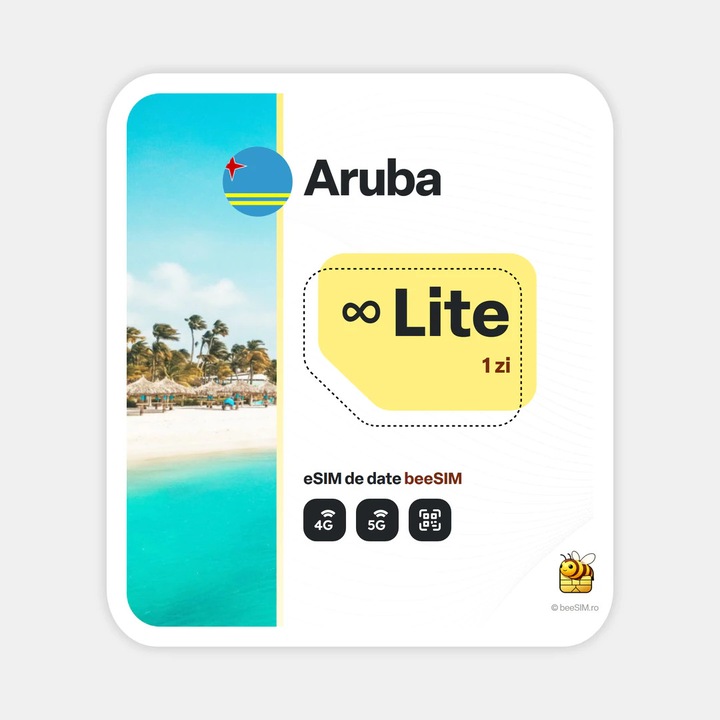 Cartela eSIM Internet, beeSIM, Aruba, Nelimitat, 1 zi