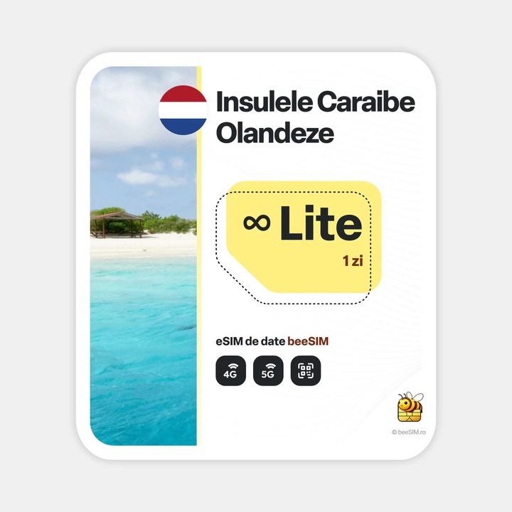 Cartela eSIM Internet, beeSIM, Insulele Caraibe Olandeze, Nelimitat, 1 zi