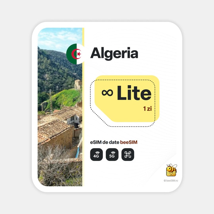 Cartela eSIM Internet, beeSIM, Algeria, Nelimitat, 1 zi