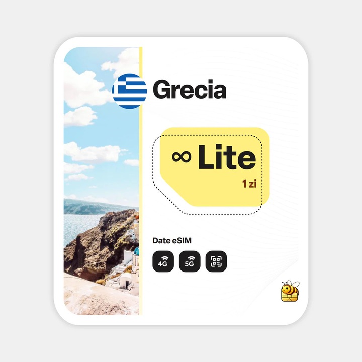 Cartela eSIM Internet, beeSIM, Grecia, Nelimitat, 1 zi