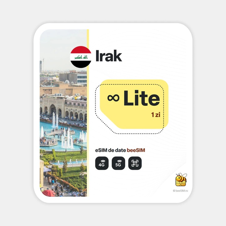 Cartela eSIM Internet, beeSIM, Irak, Nelimitat, 1 zi