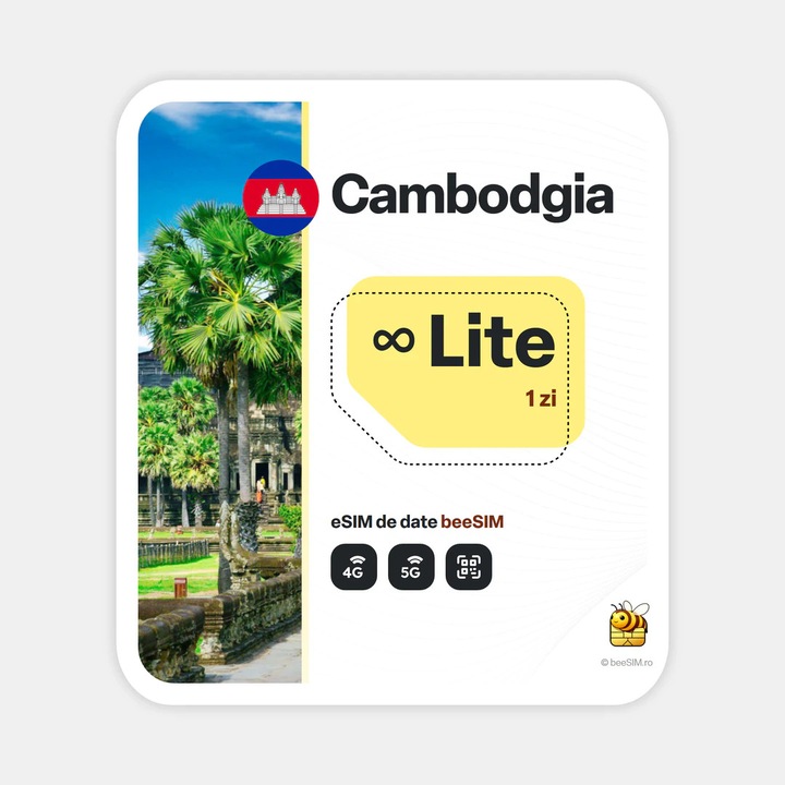Cartela eSIM Internet, beeSIM, Cambodgia, Nelimitat, 1 zi