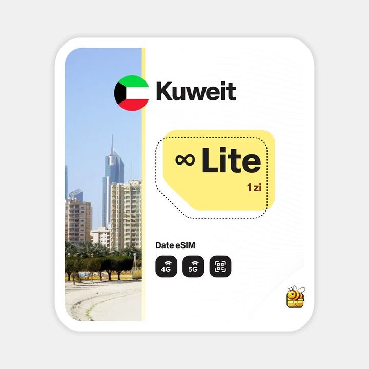 Cartela eSIM Internet, beeSIM, Kuweit, Nelimitat, 1 zi