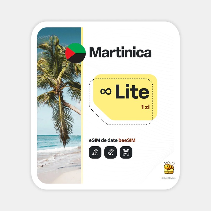 Cartela eSIM Internet, beeSIM, Martinica, Nelimitat, 1 zi