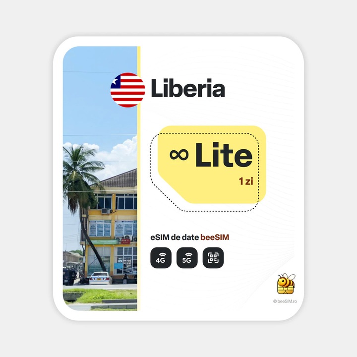Cartela eSIM Internet, beeSIM, Liberia, Nelimitat, 1 zi