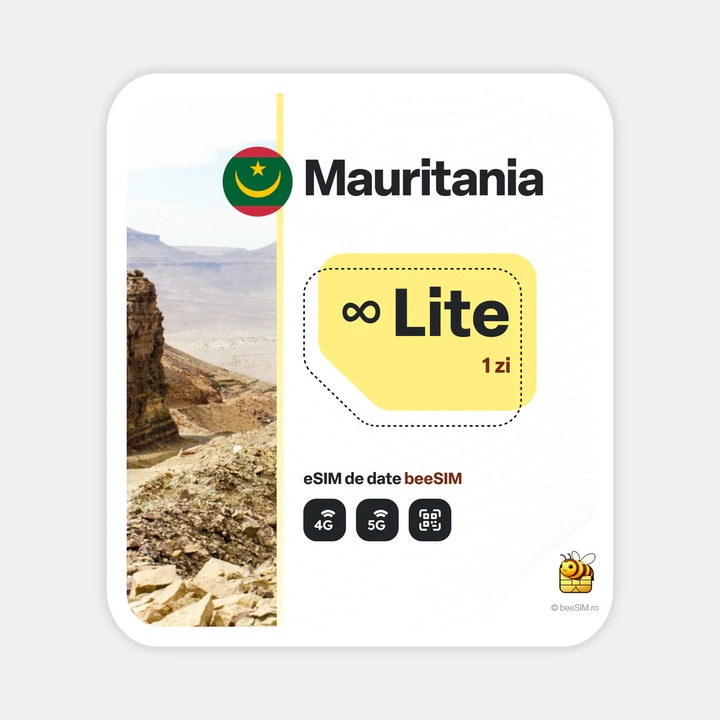 Cartela eSIM Internet, beeSIM, Mauritania, Nelimitat, 1 zi