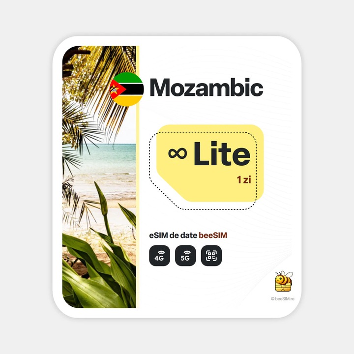 Cartela eSIM Internet, beeSIM, Mozambic, Nelimitat, 1 zi