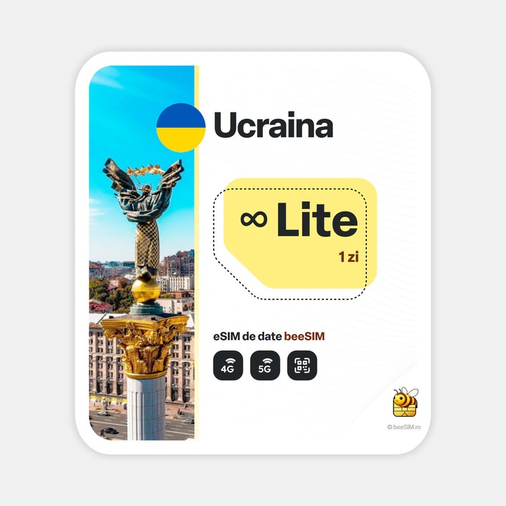 Cartela eSIM Internet, beeSIM, Ucraina, Nelimitat, 1 zi
