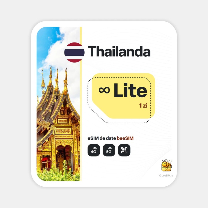 Cartela eSIM Internet, beeSIM, Thailanda, Nelimitat, 1 zi