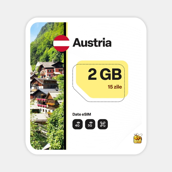 Cartela eSIM Internet, beeSIM, Austria, 2GB, 15 zile