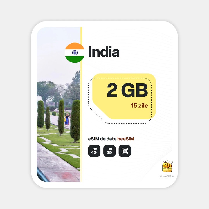 Cartela eSIM Internet, beeSIM, India, 2GB, 15 zile