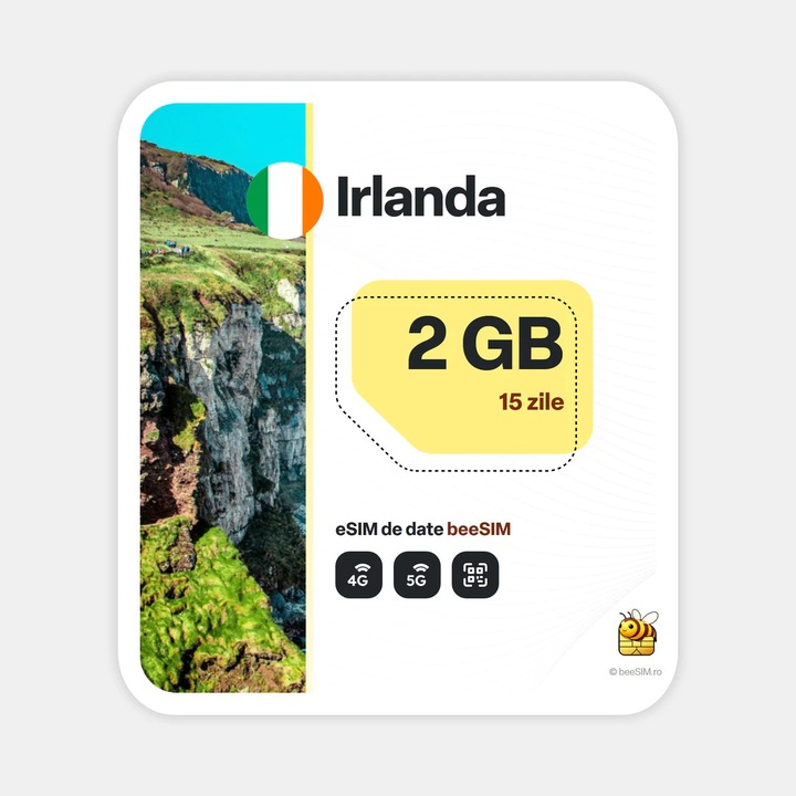Cartela eSIM Internet, beeSIM, Irlanda, 2GB, 15 zile