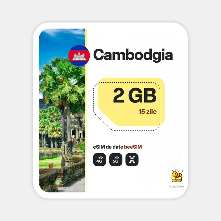 Cartela eSIM Internet, beeSIM, Cambodgia, 2GB, 15 zile