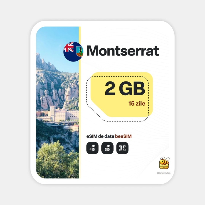 Cartela eSIM Internet, beeSIM, Montserrat, 2GB, 15 zile