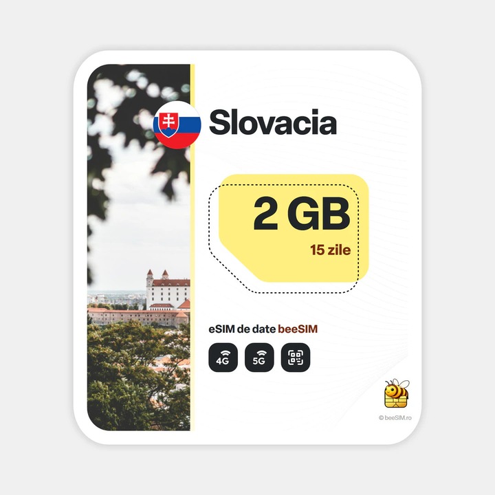Cartela eSIM Internet, beeSIM, Slovacia, 2GB, 15 zile