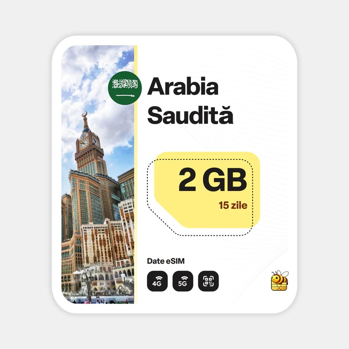Cartela eSIM Internet, beeSIM, Arabia Saudita, 2GB, 15 zile