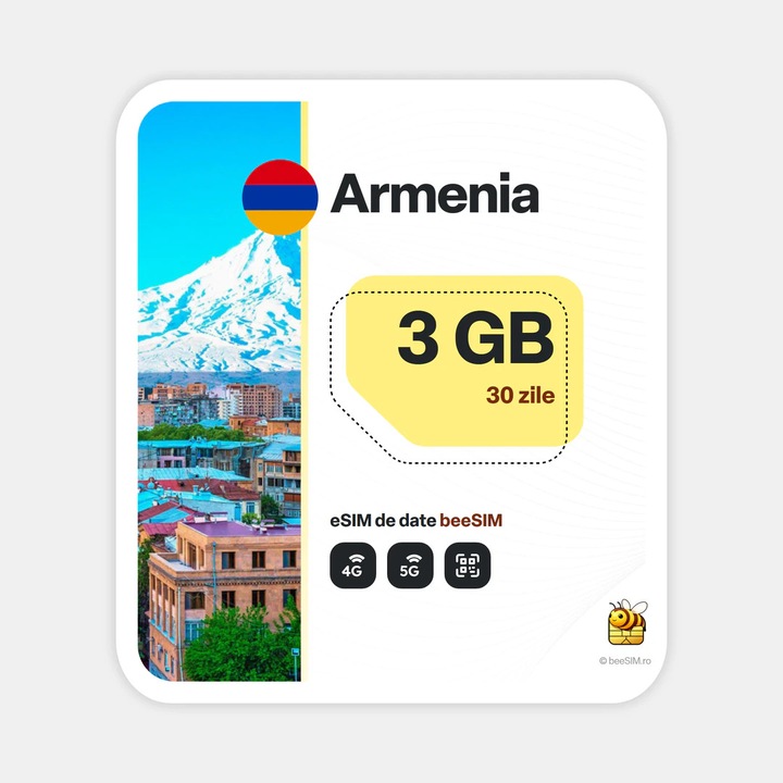 Cartela eSIM Internet, beeSIM, Armenia, 3GB, 30 zile