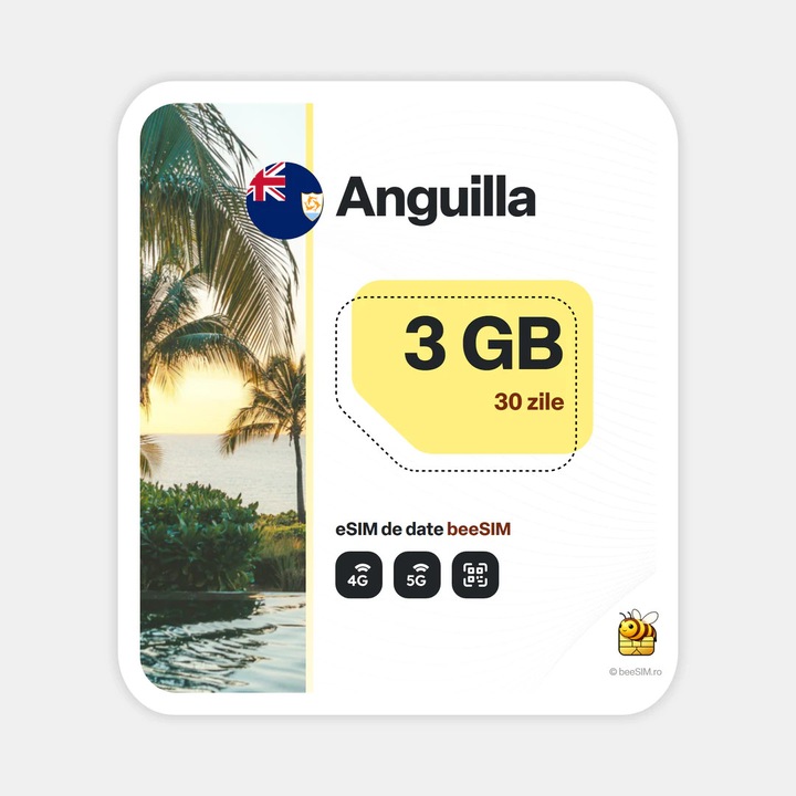 Cartela eSIM Internet, beeSIM, Anguilla, 3GB, 30 zile