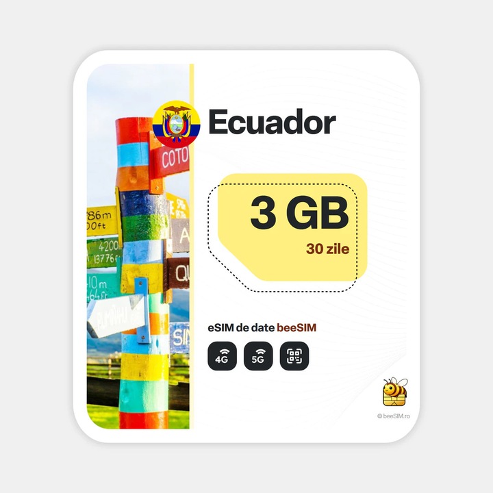 Cartela eSIM Internet, beeSIM, Ecuador, 3GB, 30 zile