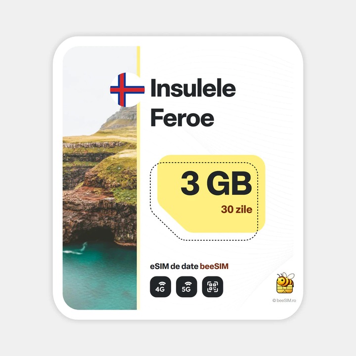 Cartela eSIM Internet, beeSIM, Insulele Feroe, 3GB, 30 zile