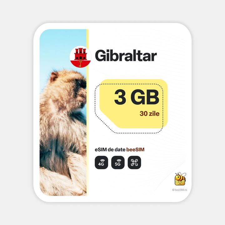 Cartela eSIM Internet, beeSIM, Gibraltar, 3GB, 30 zile