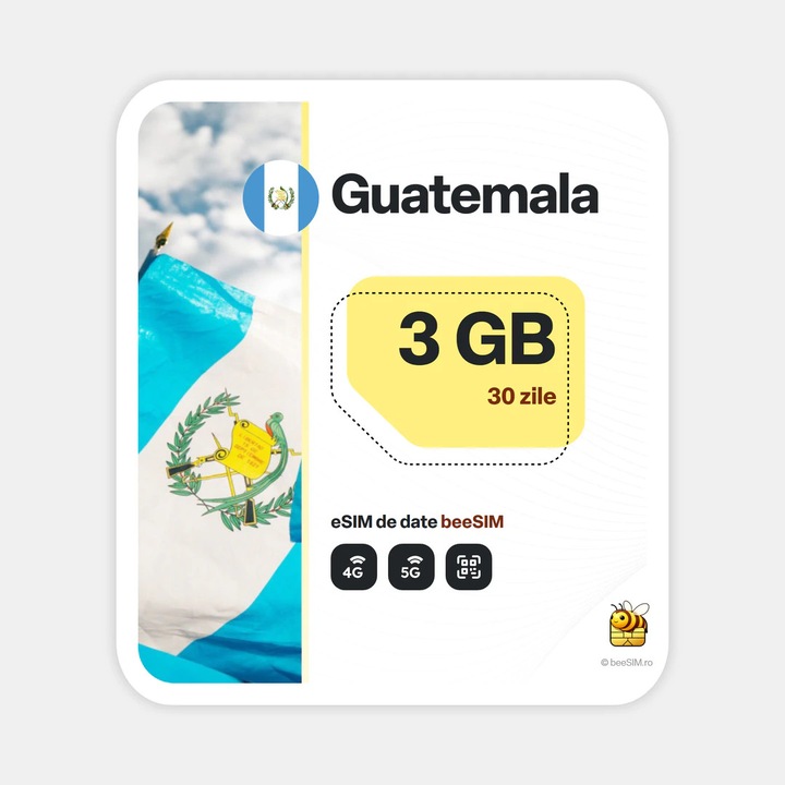 Cartela eSIM Internet, beeSIM, Guatemala, 3GB, 30 zile