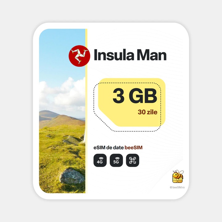 Cartela eSIM Internet, beeSIM, Insula Man, 3GB, 30 zile