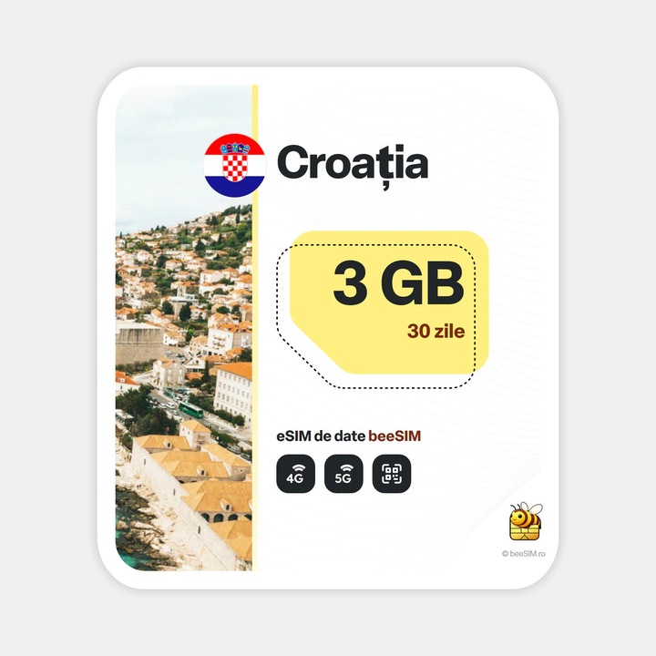 Cartela eSIM Internet, beeSIM, Croatia, 3GB, 30 zile
