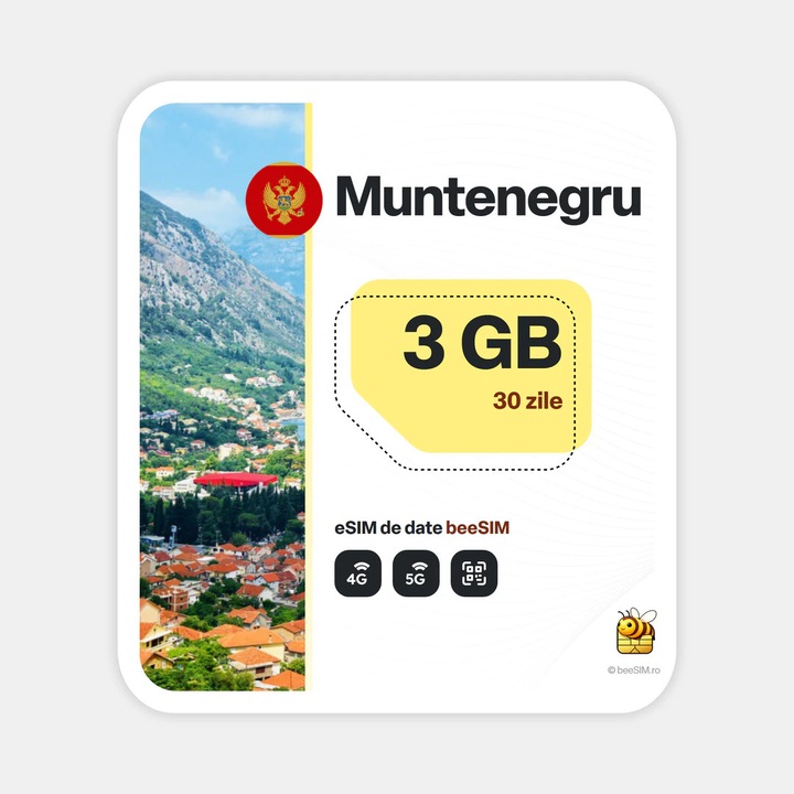 Cartela eSIM Internet, beeSIM, Muntenegru, 3GB, 30 zile