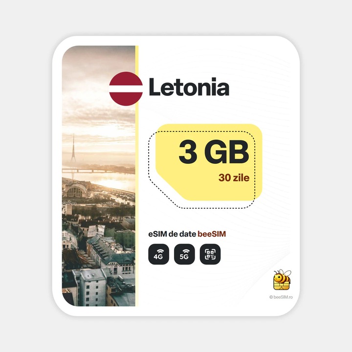 Cartela eSIM Internet, beeSIM, Letonia, 3GB, 30 zile