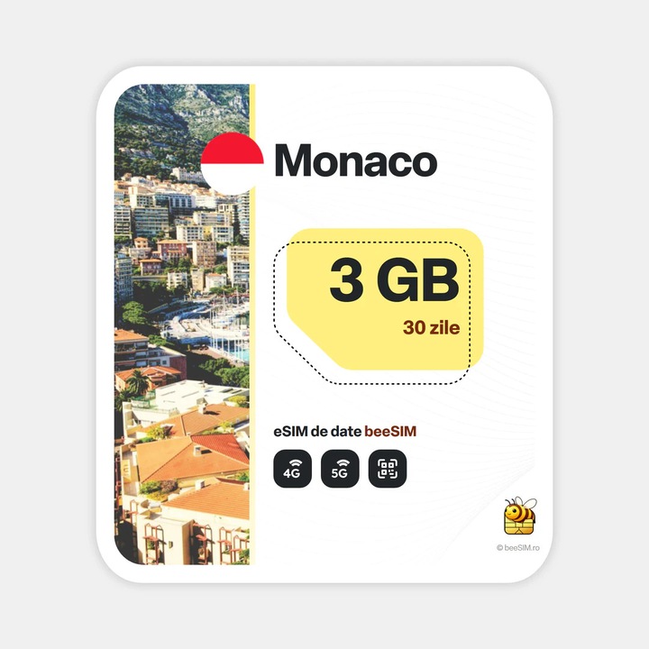 Cartela eSIM Internet, beeSIM, Monaco, 3GB, 30 zile