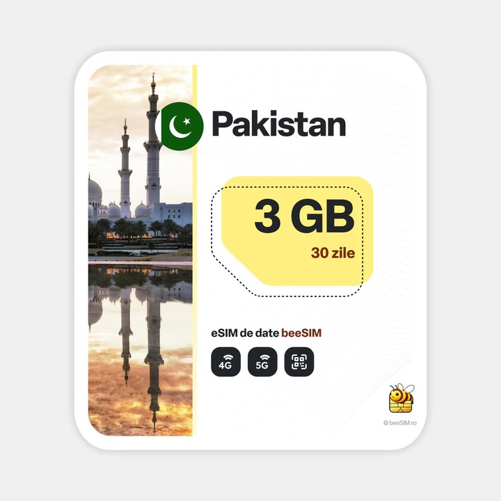Cartela eSIM Internet, beeSIM, Pakistan, 3GB, 30 zile
