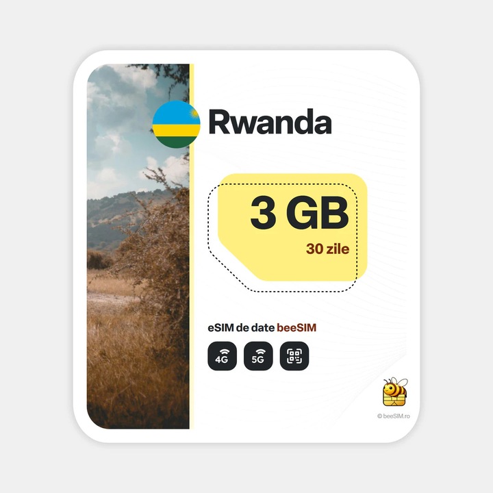 Cartela eSIM Internet, beeSIM, Rwanda, 3GB, 30 zile