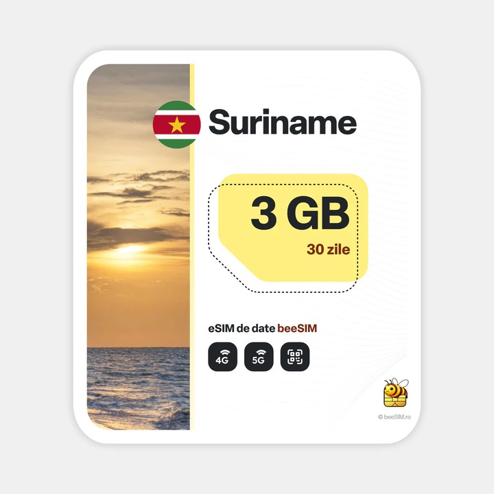 Cartela eSIM Internet, beeSIM, Suriname, 3GB, 30 zile