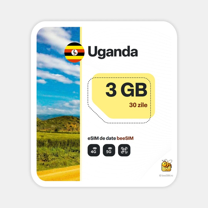 Cartela eSIM Internet, beeSIM, Uganda, 3GB, 30 zile