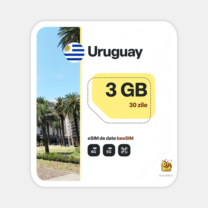 Cartela eSIM Internet, beeSIM, Uruguay, 3GB, 30 zile