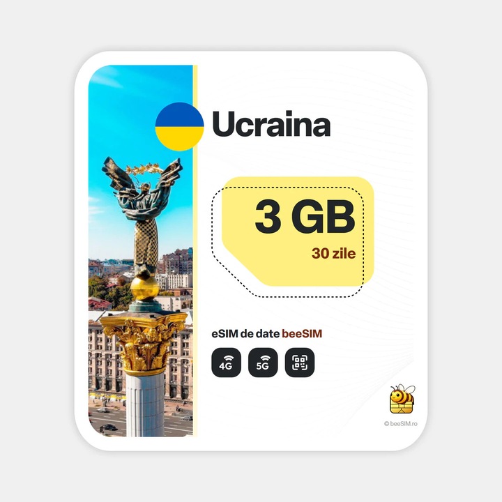 Cartela eSIM Internet, beeSIM, Ucraina, 3GB, 30 zile