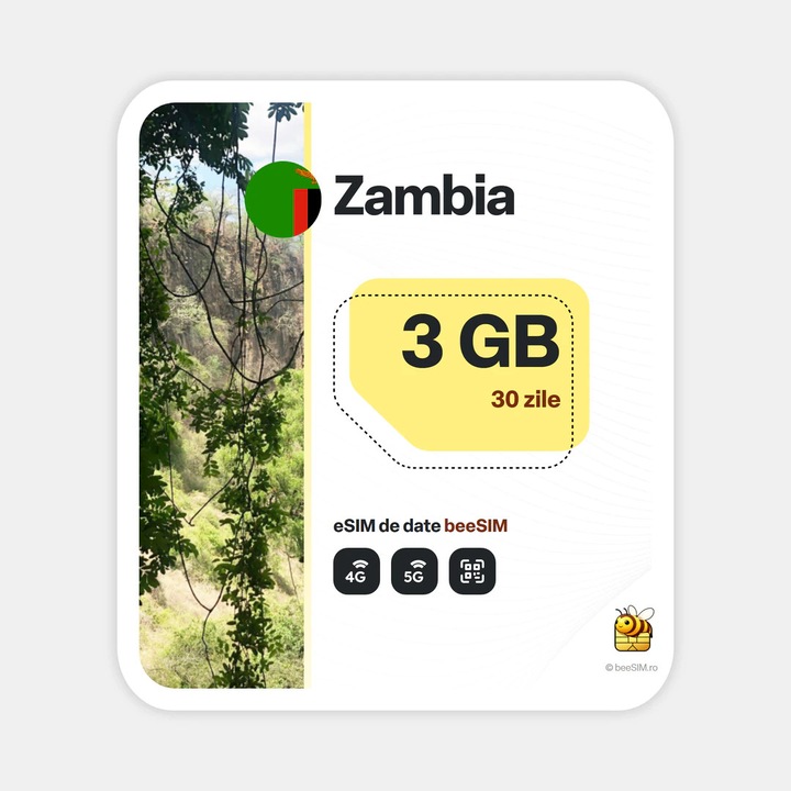 Cartela eSIM Internet, beeSIM, Zambia, 3GB, 30 zile