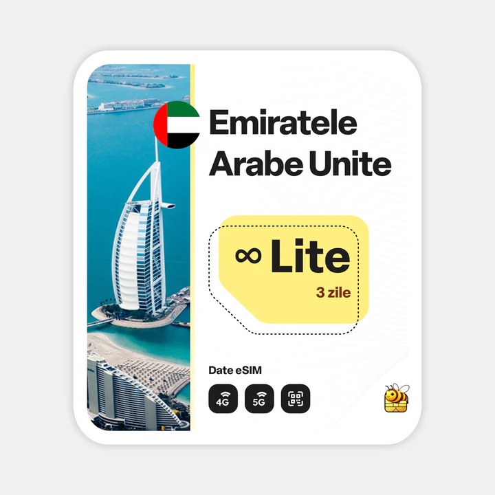 Cartela eSIM Internet, beeSIM, Emiratele Arabe Unite, Nelimitat, 3 zile