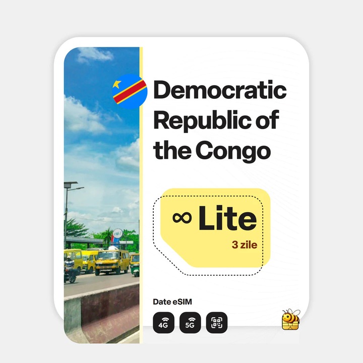 Cartela eSIM Internet, beeSIM, Congo, Republica Democratica, Nelimitat, 3 zile
