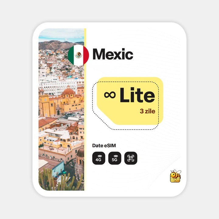 Cartela eSIM Internet, beeSIM, Mexic, Nelimitat, 3 zile