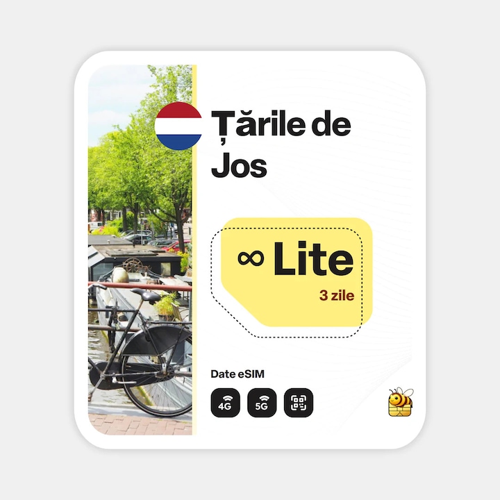 Cartela eSIM Internet, beeSIM, Tarile de Jos, Nelimitat, 3 zile