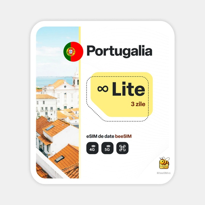 Cartela eSIM Internet, beeSIM, Portugalia, Nelimitat, 3 zile