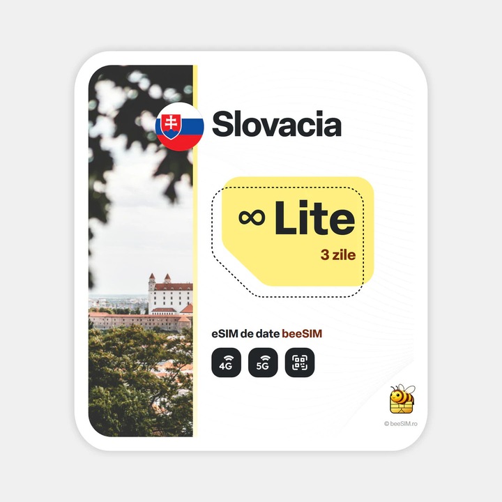 Cartela eSIM Internet, beeSIM, Slovacia, Nelimitat, 3 zile