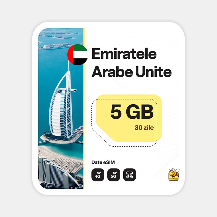 Cartela eSIM Internet, beeSIM, Emiratele Arabe Unite, 5GB, 30 zile