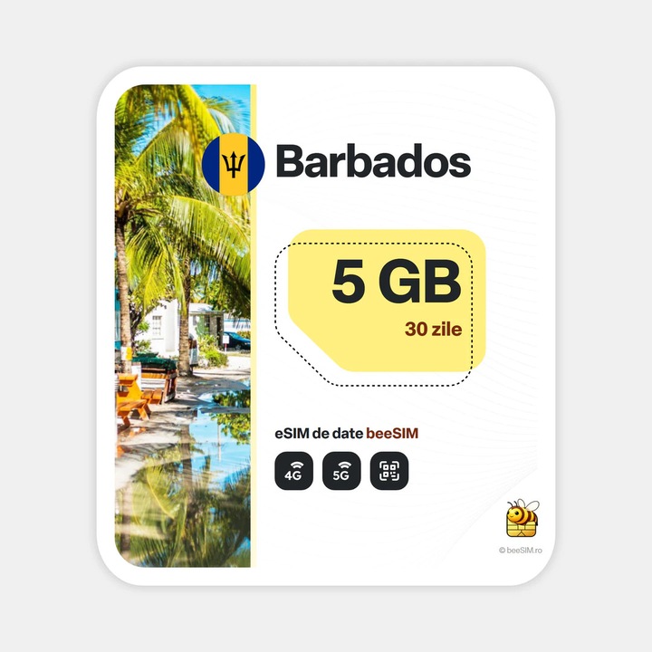 Cartela eSIM Internet, beeSIM, Barbados, 5GB, 30 zile