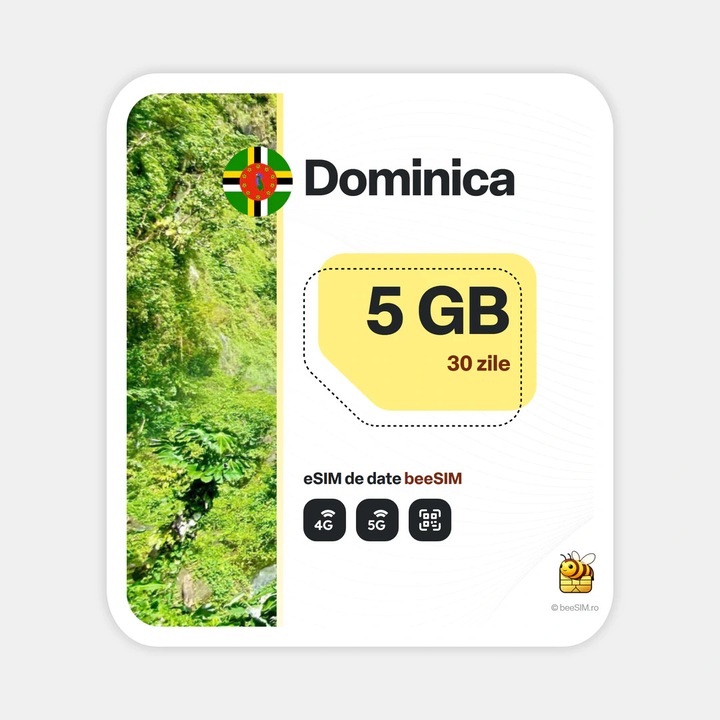 Cartela eSIM Internet, beeSIM, Dominica, 5GB, 30 zile
